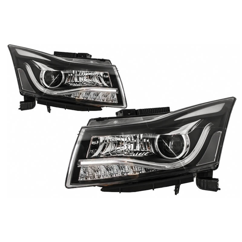 Βλησαρούλης Car Center - Μπροστινά Φανάρια Set Για Chevrolet Cruze 09-14 Tube DRL & Led Φλας Μαύρα H7/H1 Manual Carner
