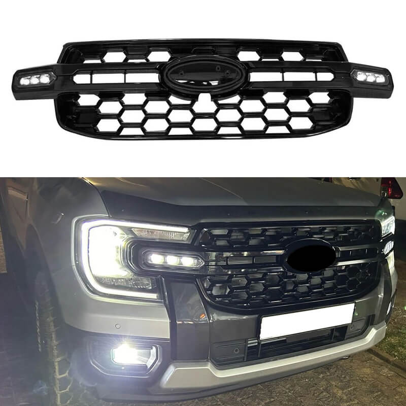 Βλησαρούλης Car Center - Μάσκα Για Ford Ranger T9 2022+ XLT / Sport / Wild Trak Raptor Type Με Led Μαύρο Γυαλιστερό