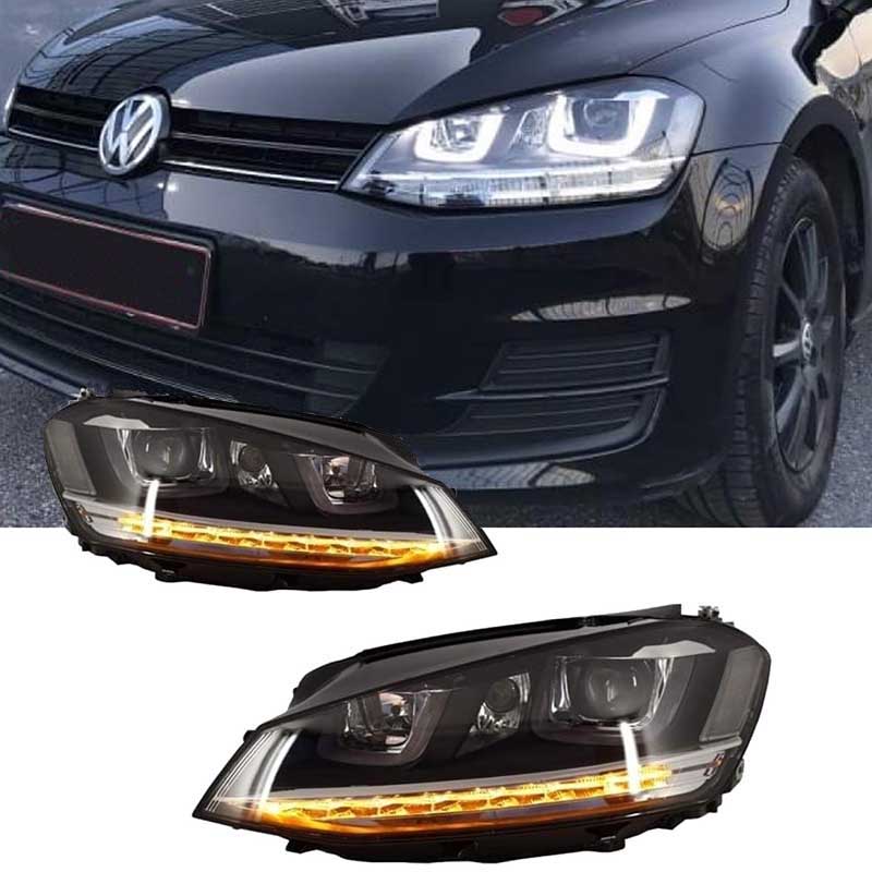 Βλησαρούλης Car Center - Μπροστινά Φανάρια Set Για Vw Golf VII (7) 12-17 U-Type DRL & Led Φλας Dynamic R-Line Look Μαύρα Bi-Led Projector Με Μοτέρ Carner