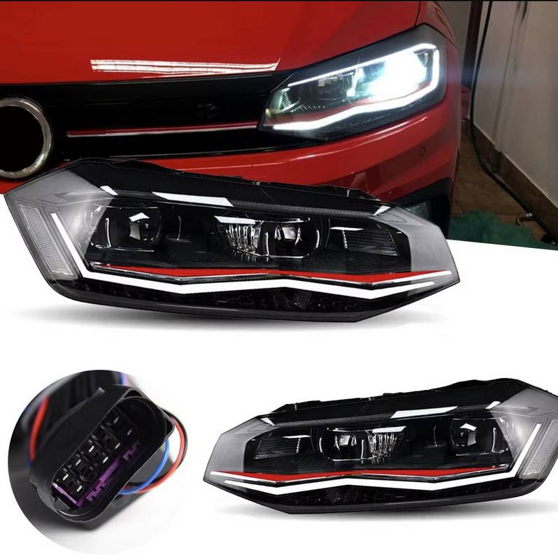 Βλησαρούλης Car Center - Μπροστινά Φανάρια Set Για Vw Polo AW 17+ DRL Led Tube GTI Look Μαύρα Με Κόκκινη Γραμμή Upgrade Full Led With Motor Carner