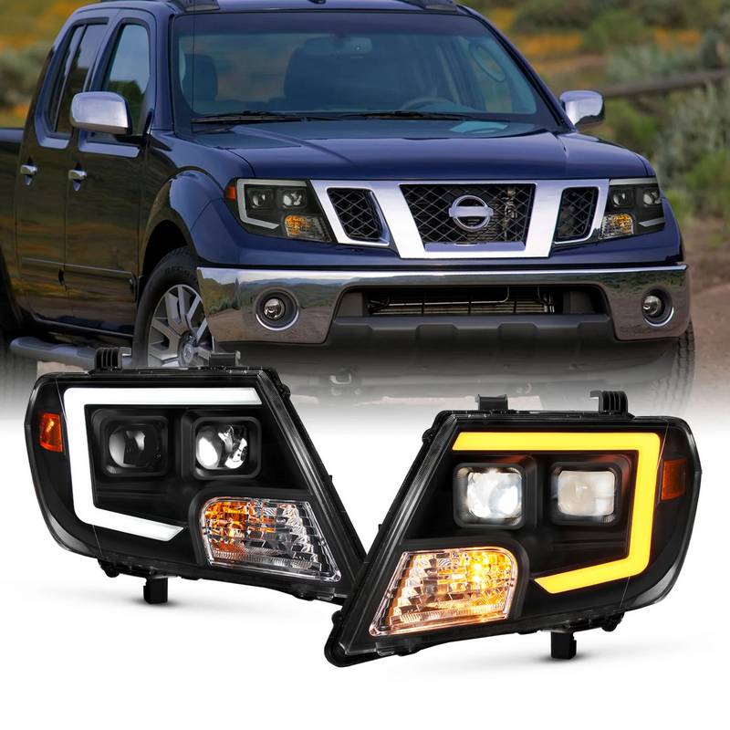 Βλησαρούλης Car Center - Μπροστινά Φανάρια Set Για Nissan Navara D40 Facelift 09-14 DRL Led Tube & Dynamic Φλας Μαύρα H7/H9 Manual Akkon