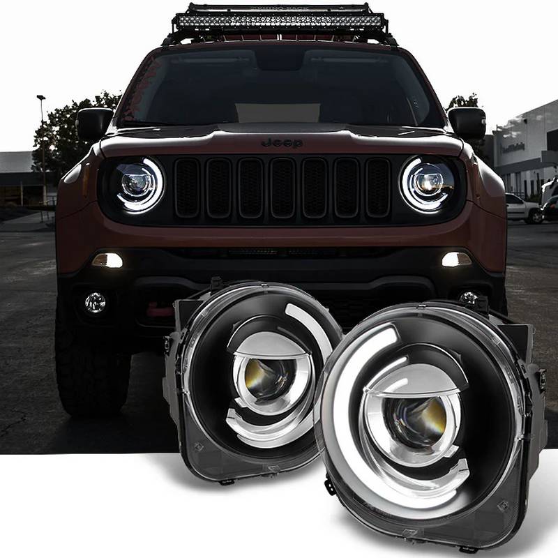 Βλησαρούλης Car Center - Μπροστινά Φανάρια Set Για Jeep Renegade 2014+ DRL Tube Lights Μαύρα H7 Manual Akkon