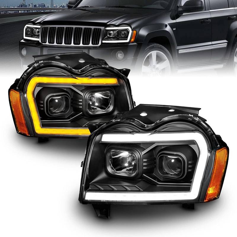 Βλησαρούλης Car Center - Μπροστινά Φανάρια Set Για Jeep Grand Cherokee 05-08 WK DRL Led Tube Μαύρα H7/H1 Manual