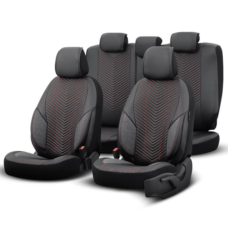Βλησαρούλης Car Center - Καλύμματα Αυτοκινήτου Otom "Advanced Leather" Universal Δερματίνη / Λινό Ύφασμα Σετ Εμπρός / Πίσω 11 Τεμαχίων Μαύρο / Κόκκινο ΑDV-101