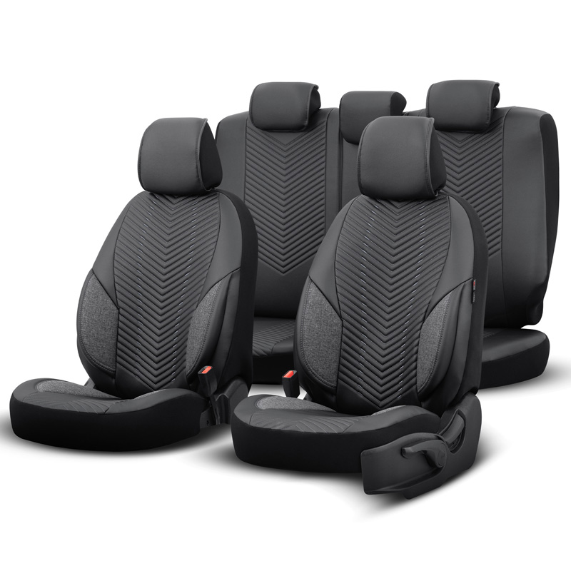 Βλησαρούλης Car Center - Καλύμματα Αυτοκινήτου Otom "Advanced Leather" Universal Δερματίνη / Λινό Ύφασμα Σετ Εμπρός / Πίσω 11 Τεμαχίων Μαύρο / Smoke ΑDV-103
