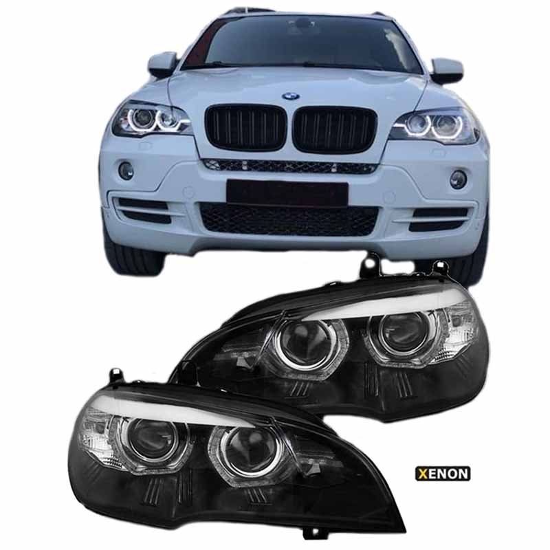 Βλησαρούλης Car Center - Μπροστινά Φανάρια Set Για Bmw X5 E70 07-10 3D LED Angel Eyes Μαύρα Xenon D1S Με Μοτέρ