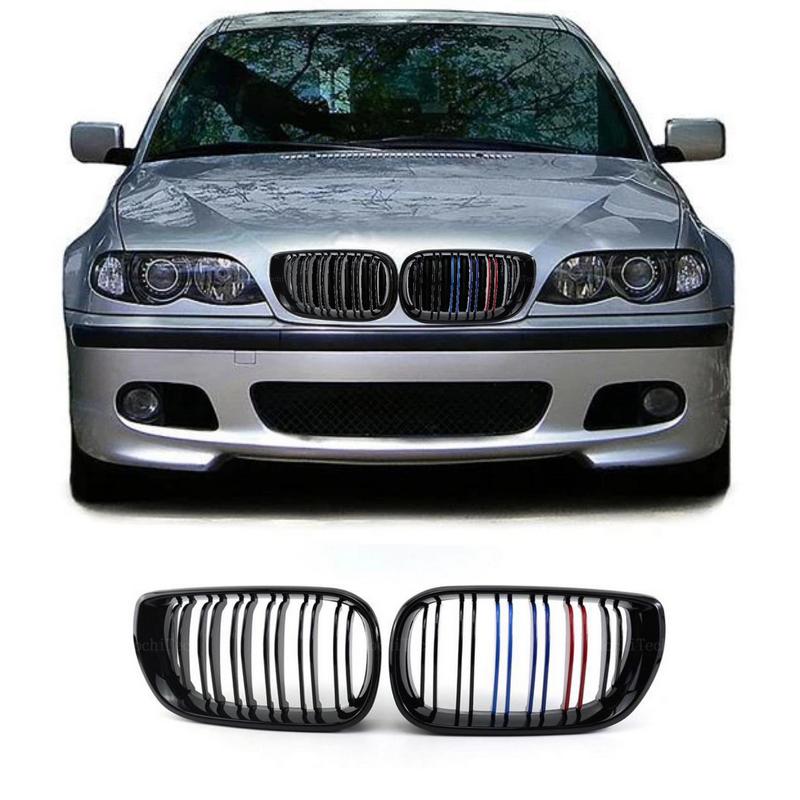 Βλησαρούλης Car Center - Καρδιές Μάσκας Για Bmw 3 E46 02-05 Sedan/Touring M4 Look Με Διπλή Γρίλια Tri-Color Μαύρο Γυαλιστερό 2 Τεμάχια