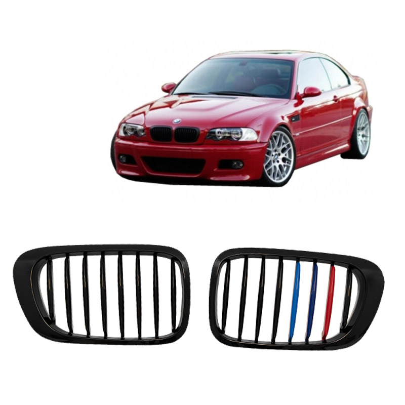 Βλησαρούλης Car Center - Καρδιές Μάσκας Για Bmw 3 E46 99-03 Coupe/Cabrio Tri-color / Μαύρο Γυαλιστερό Με 8 Γραμμές 2 Τεμάχια