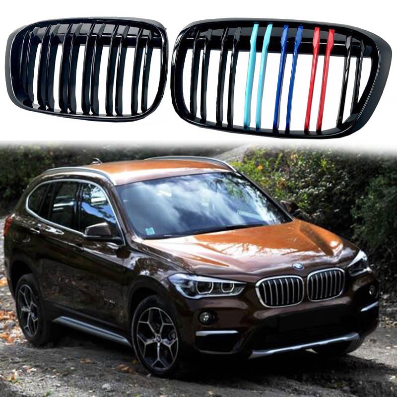 Βλησαρούλης Car Center - Καρδιές Μάσκας Για Bmw X1 F48 14-19 M4 Look Με Διπλή Γρίλια Tri-Color Μαύρο Γυαλιστερό 2 Τεμάχια
