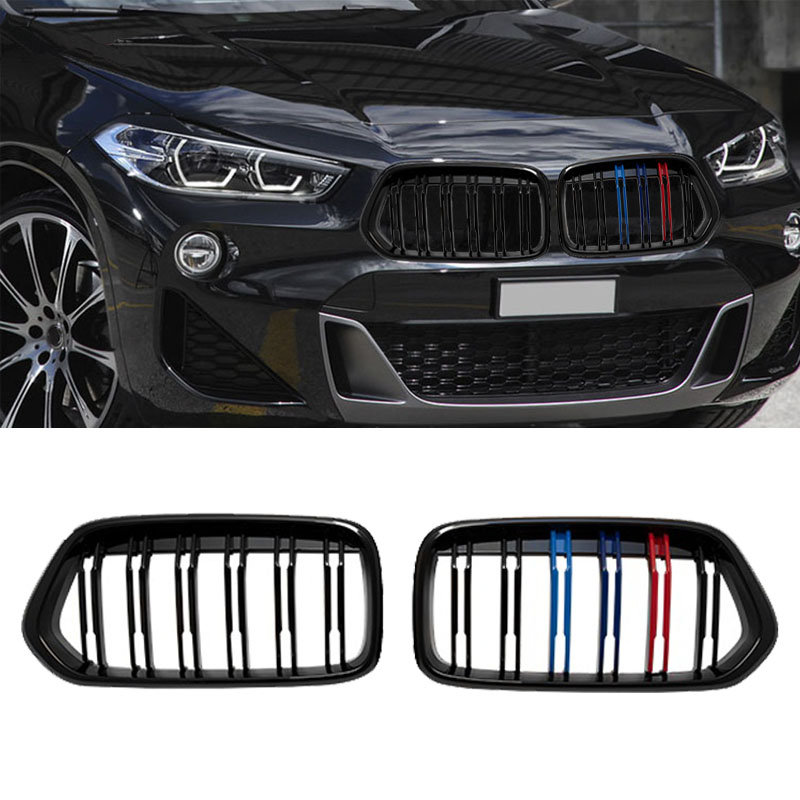 Βλησαρούλης Car Center - Καρδιές Μάσκας Για Bmw X2 F39 18+ M4 Look Με Διπλή Γρίλια Tri-Color Μαύρο Γυαλιστερό 2 Τεμάχια