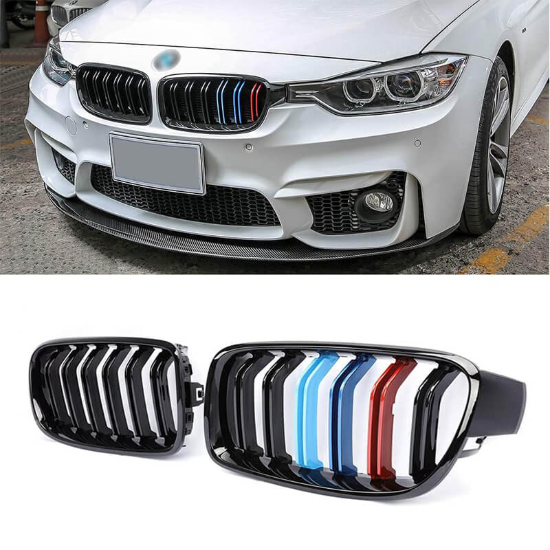 Βλησαρούλης Car Center - Καρδιές Μάσκας Για Bmw 3 F30 / F31 11-18 M4 Look Με Διπλή Γρίλια Tri-Color Μαύρο Γυαλιστερό 2 Τεμάχια