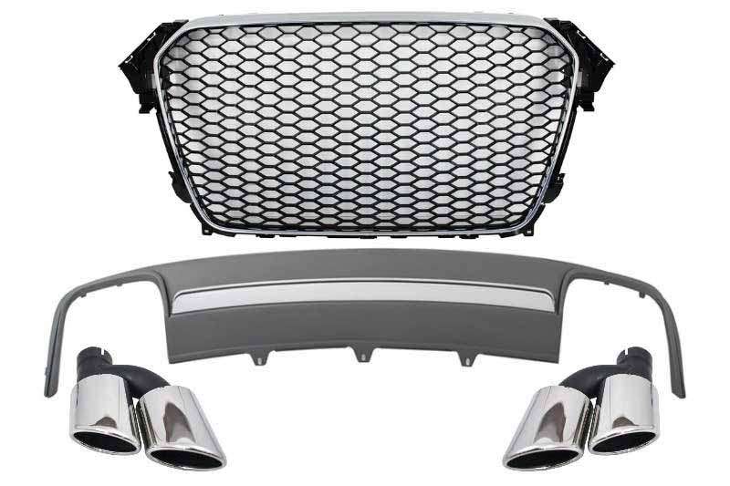 Βλησαρούλης Car Center - Assembly Central Grille with Rear Bumper Valance Air Diffuser and Muffler Tips suitable for AUDI A4 B8 Facelift (2012-2015) Limousine/Avant RS Design