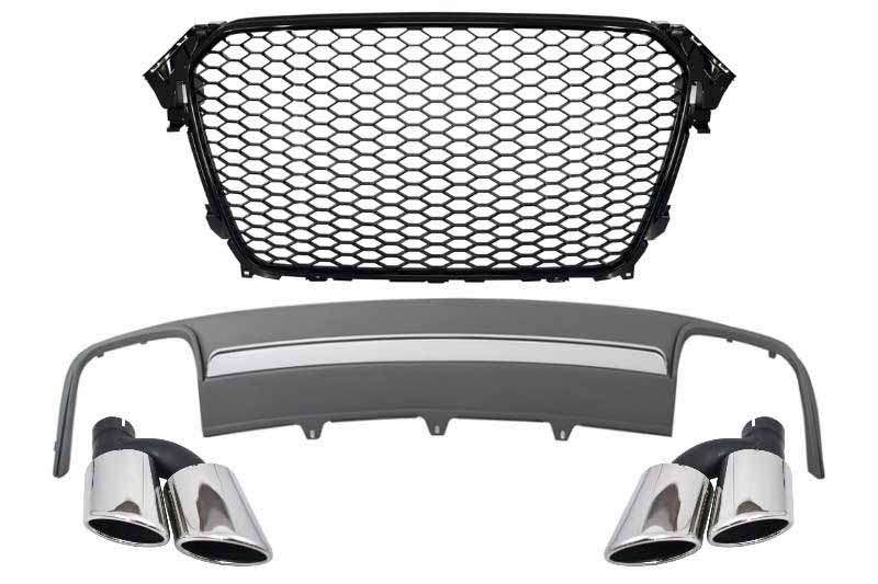 Βλησαρούλης Car Center - Assembly Central Grille with Rear Bumper Valance Air Diffuser and Muffler Tips suitable for Audi A4 B8 Facelift (2012-2015) Limousine Avant RS Design