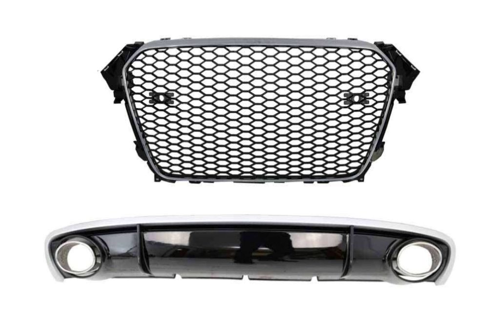Βλησαρούλης Car Center - Badgeless Front Grille With Bumper Diffuser & Exhaust Tips RS4 Design suitable for AUDI A4 B8 Limo Avant Facelift (2012-2015)