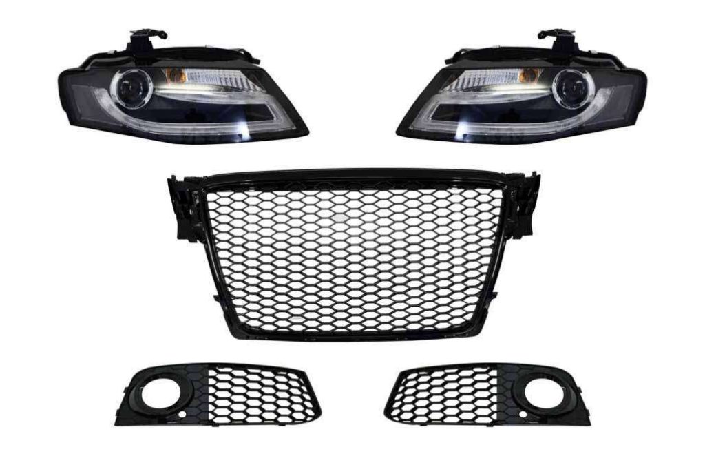 Βλησαρούλης Car Center - Badgeless Front Grille with Fog Lamp Covers and LED DRL Headlights suitable for AUDI A4 B8 8K (2008-2011) RS Design Piano Black