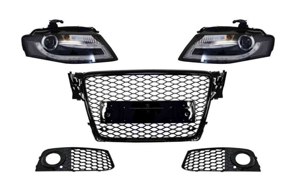 Βλησαρούλης Car Center - Badgeless Front Grille with Fog Lamp Covers and LED Daytime Running Light Headlights suitable for AUDI A4 B8 (2008-2011) RS4 Design