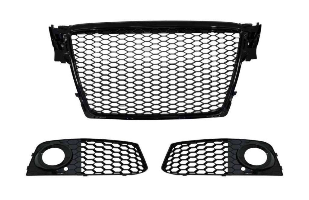 Βλησαρούλης Car Center - Badgeless Front Grille with Fog Lamp Covers Side Grilles suitable for Audi A4 B8 8K (2007-2012) RS Design Piano Black