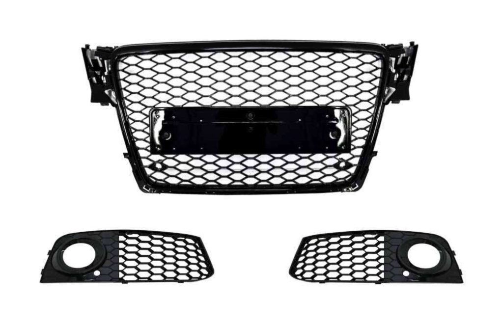 Βλησαρούλης Car Center - Badgeless Front Grille with Fog Lamp Covers Side Grilles suitable for Audi A4 B8 (2008-2011) RS4 Design Piano Black