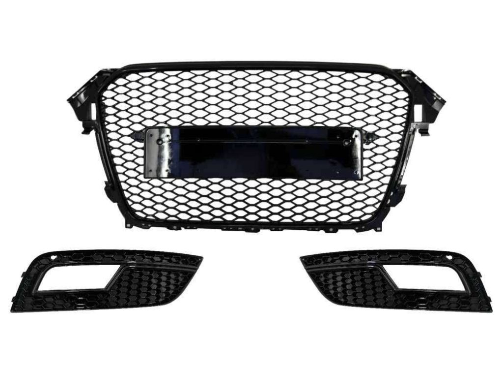 Βλησαρούλης Car Center - Badgeless Front Grille with Fog Lamp Covers suitable for AUDI A4 B8 Facelift (2012-2015) RS Design Honeycomb Piano Black & PDC Covers
