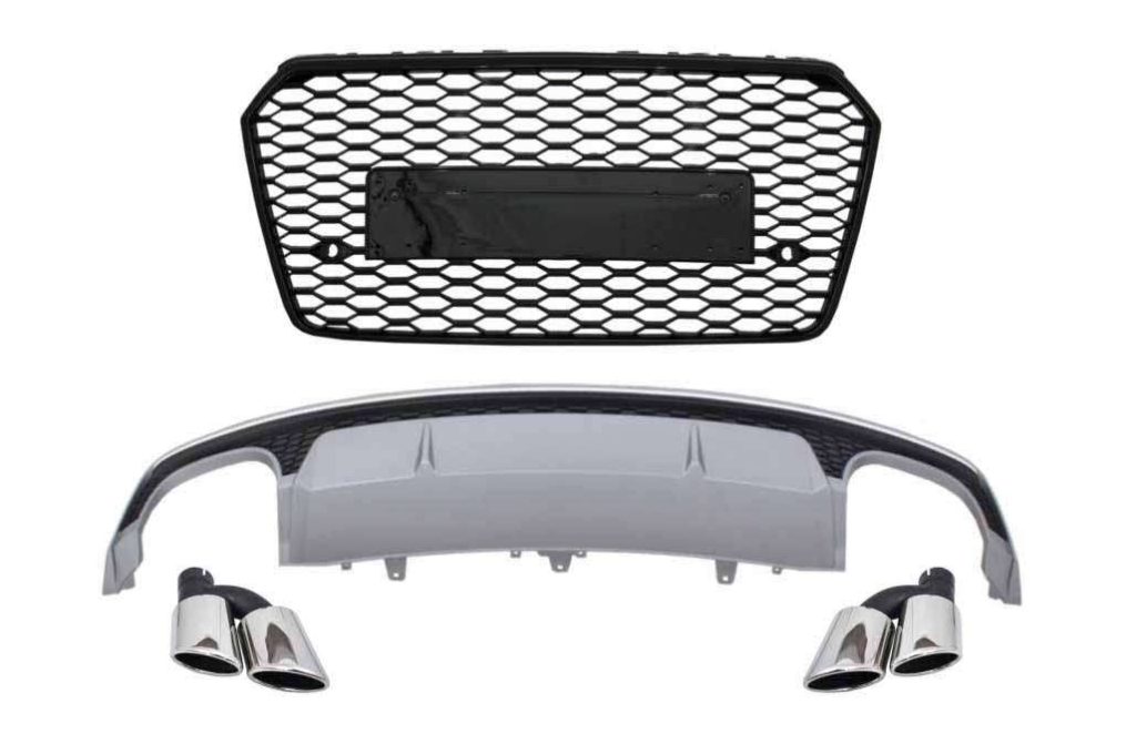 Βλησαρούλης Car Center - Bumper Valance Air Diffuser with Exhaust Muffler Tips and Front Grille suitable for Audi A7 4G Facelift (2015-2017) S7 Design