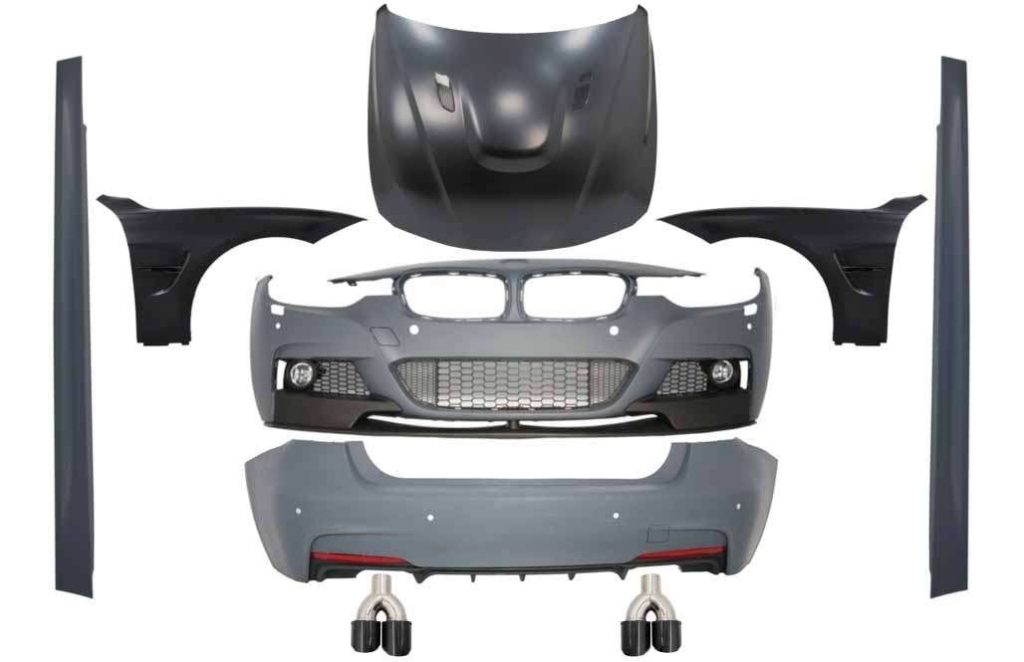 Βλησαρούλης Car Center - Complete Body Kit suitable for BMW 3 Series F30 (2011-2019) M-Performance Design with Front Fenders Black and Hood Bonnet &  Muffler Tips Carbon Shiny