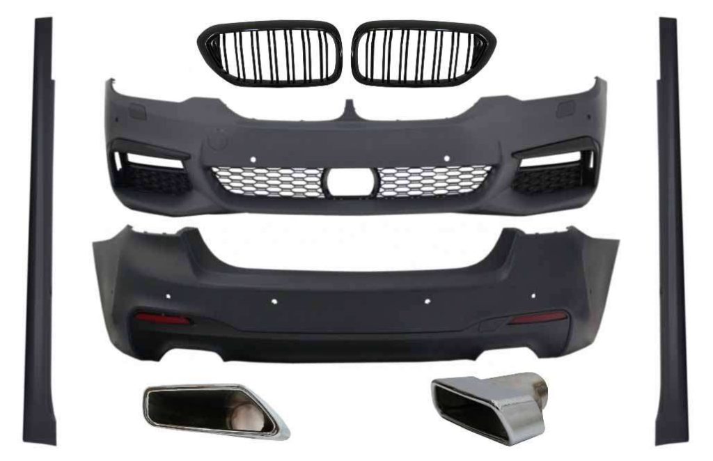 Βλησαρούλης Car Center - Complete Body Kit with Central Kidney Grilles Piano Black Double Stripe and Exhaust Muffler Tips suitable for BMW 5 Series G30 (2017-up) M-Tech Design