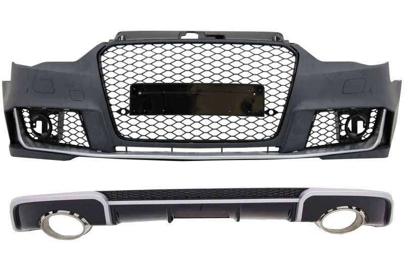 Βλησαρούλης Car Center - Front Bumper suitable for Audi A3 8V (2012-2015) with Rear Bumper Air Diffuser and Exhaust Tips Hatchback Sportback RS3 Design