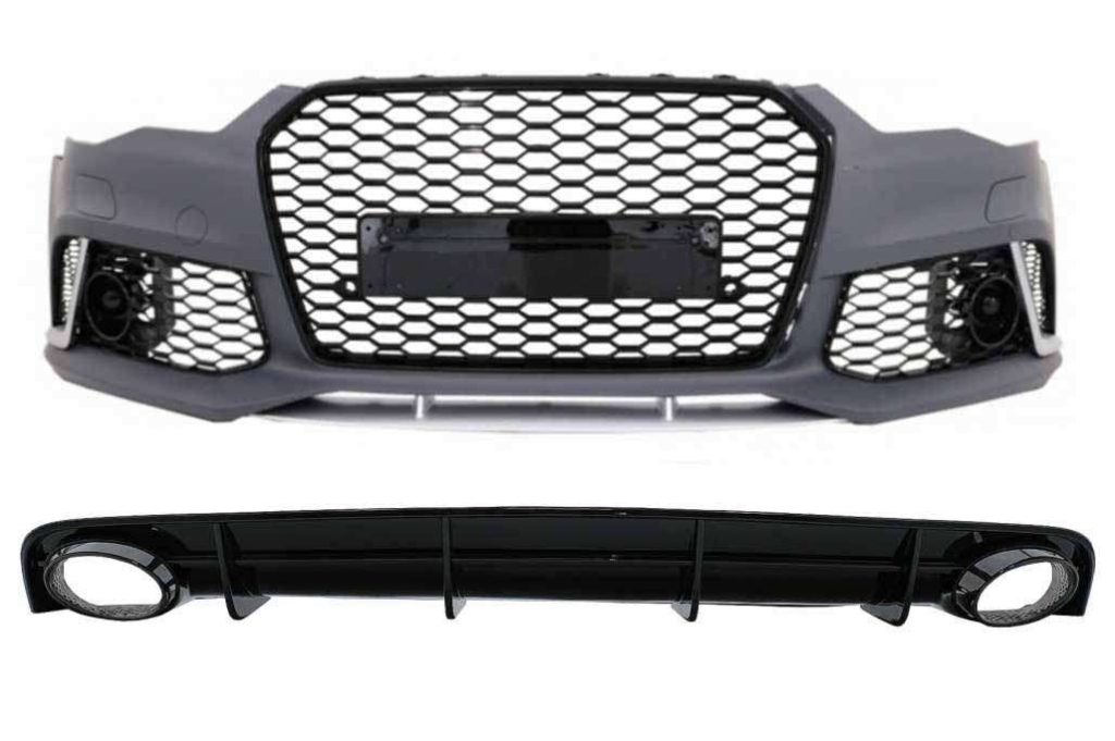 Βλησαρούλης Car Center - Front Bumper suitable for Audi A6 4G Facelift (2015-2018) with Rear Bumper Diffuser & Exhaust Tips RS6 Design Black only S-Line Bumper