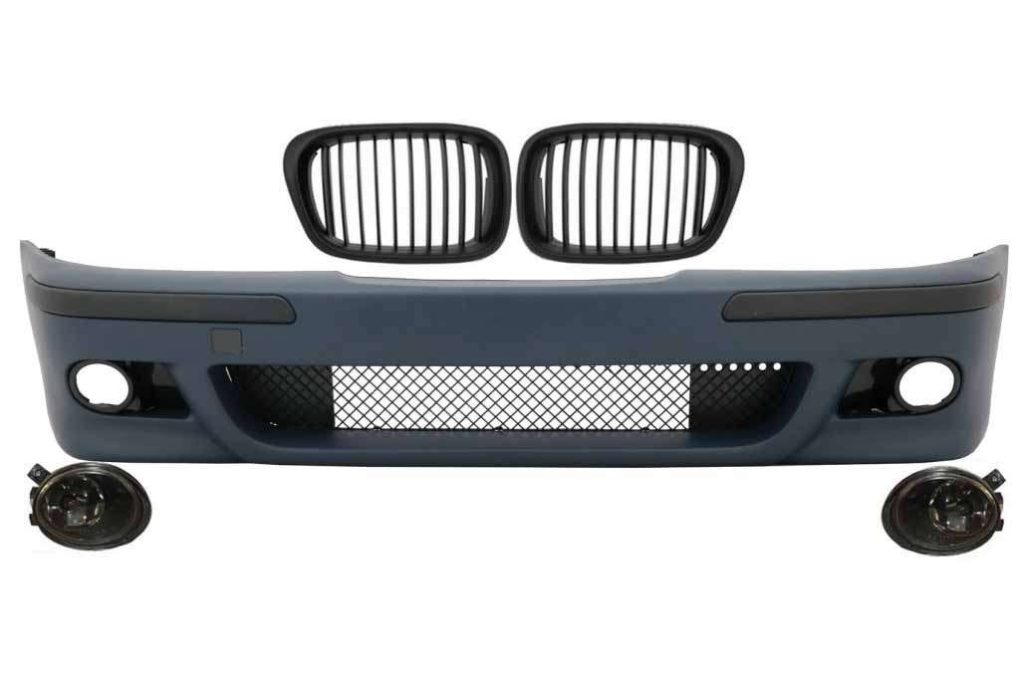 Βλησαρούλης Car Center - Front Bumper with Central Grilles Kidney Matte Black and Fog Lights  Smoke  Lens suitable for BMW 5 Series E39 1995-2003 M5 Design