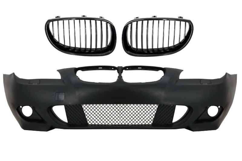Βλησαρούλης Car Center - Front Bumper with Central Grilles Kidney Piano Black suitable for BMW 5 Series E60/E61 2003-2009 M-Technik Design Without Fog Lights