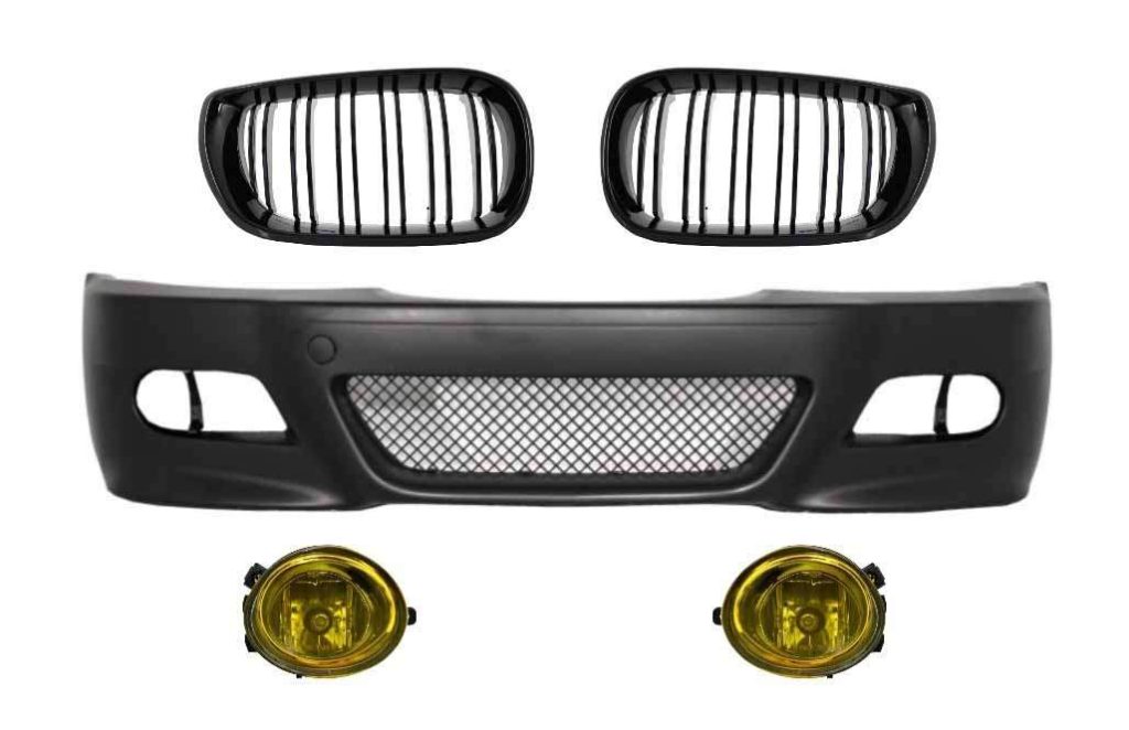 Βλησαρούλης Car Center - Front Bumper with Fog lights suitable for BMW 3 Series E46 (1998-2004) M3 Look and Central Kidney Grilles Double Stripe M Design Piano Black
