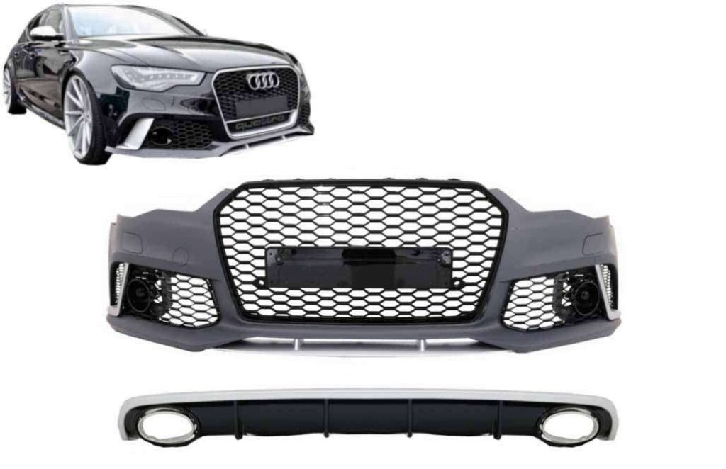 Βλησαρούλης Car Center - Front Bumper with Rear Bumper Diffuser with Exhaust Tips suitable for Audi A6 C7 4G Facelift (2011-2014) RS6 Design
