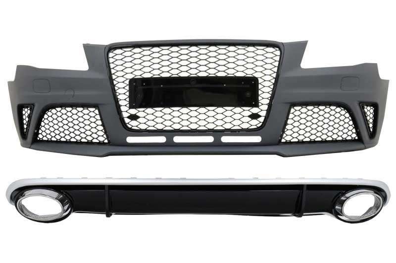 Βλησαρούλης Car Center - Front Bumper with Rear Bumper Valance Diffuserand Exhaust Tips suitable for Audi A4 B8 Pre-Facelift (2008-2011) RS4 Design