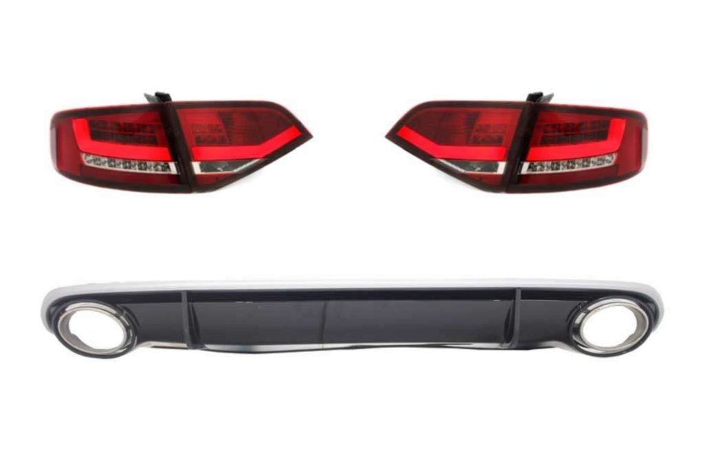 Βλησαρούλης Car Center - LED Taillights with Rear Diffuser and Exhaust Tips suitable for AUDI A4 B8 8K Saloon (2007-2010) Red / Clear RS4 Design
