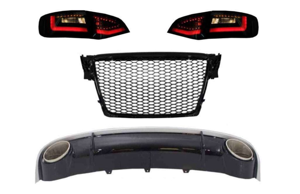 Βλησαρούλης Car Center - Rear Bumper Diffuser & Exhaust Tips with Central Grille and LED Taillights suitable for AUDI A4 B8 Avant Pre Facelift (2007-2011)