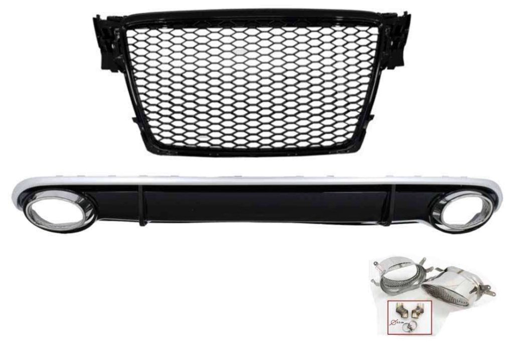 Βλησαρούλης Car Center - Rear Bumper Diffuser suitable for Audi A4 B8 Limousine Avant Pre Facelift (2007-2011) with Exhaust Tips RS4 Design and Central Grille Piano Black