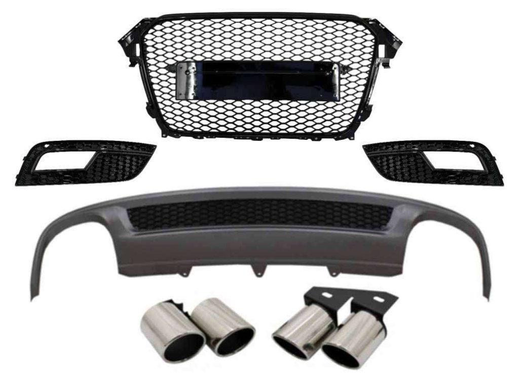 Βλησαρούλης Car Center - Rear Bumper Valance Air Diffuser and Exhaust Muffler Tips suitable for AUDI A4 B8 Facelift Limousine/Avant (2012-2015) with Badgeless Front Grille and Fog Lamp Covers S-Line Look only Standard Bumper