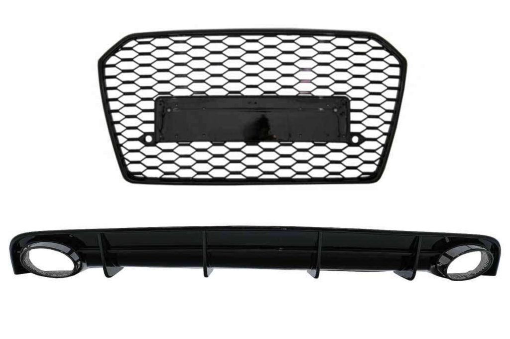 Βλησαρούλης Car Center - Rear Bumper Valance Diffuser and Exhaust Tips for Audi A6 4G Facelift (2015-2018) with Front Grille RS6 Design Black only S-Line Bumper