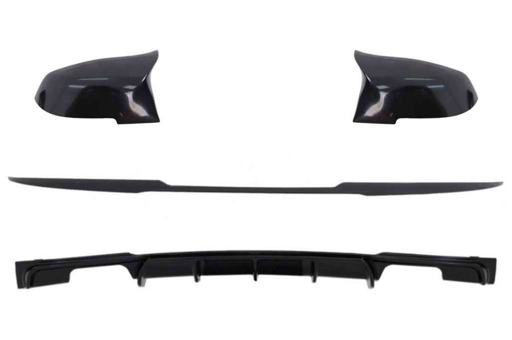 Βλησαρούλης Car Center - Trunk Boot Lip Spoiler with Rear Bumper Spoiler Valance Diffuser Double Outlet and Mirror Covers suitable for BMW 3 Series F30 (2011-2019) M4 CSL Performance Design Piano Black
