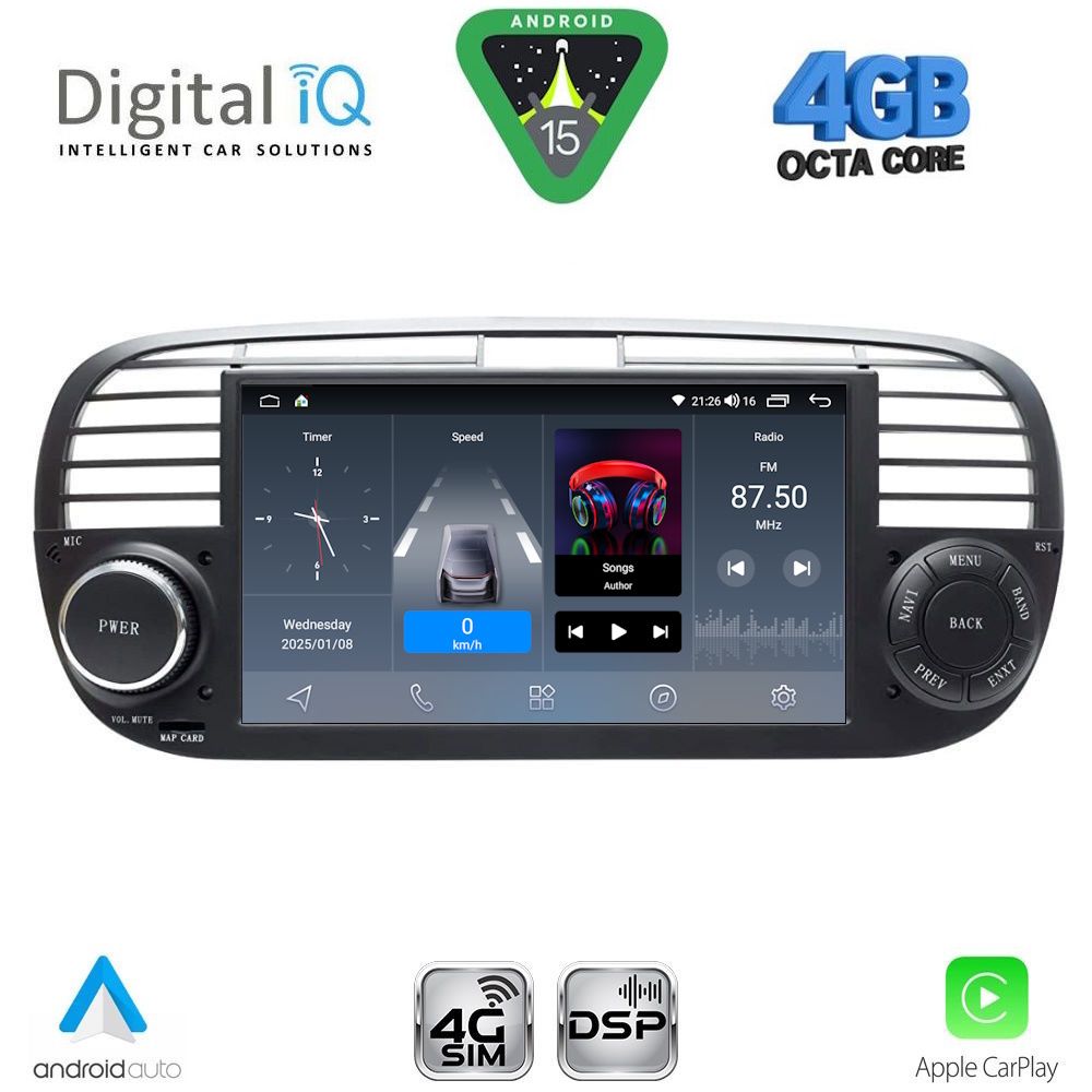 Βλησαρούλης Car Center - DIGITAL IQ BLG 465BL_CPA (7" DECK) MULTIMEDIA SYSTEM for FIAT 500 mod. 2007-2015 (BLACK)