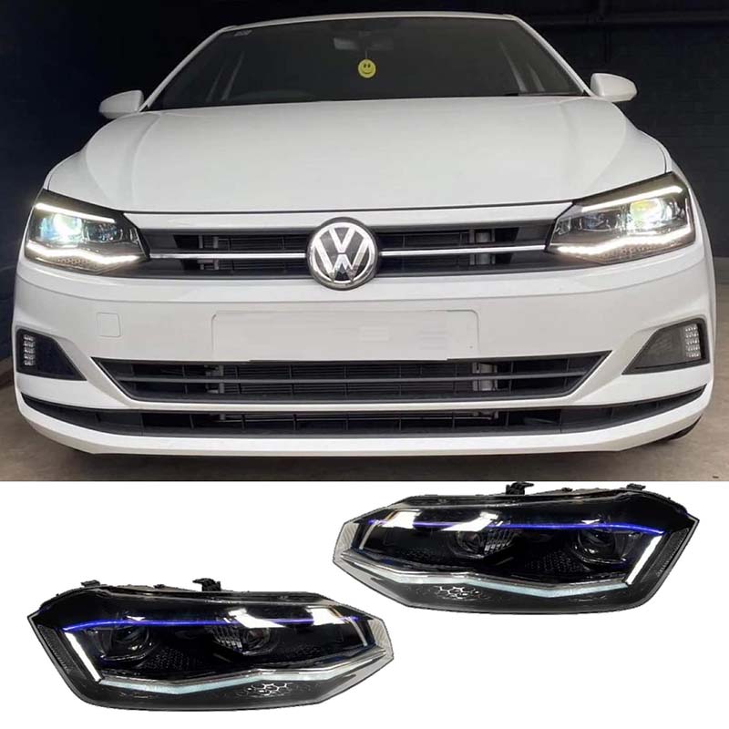 Βλησαρούλης Car Center - Μπροστινά Φανάρια Set Για Vw Polo AW 17+ DRL Led Tube GTI Look Μαύρα Με Ασημί Γραμμή Upgrade With Xenon With Motor Carner