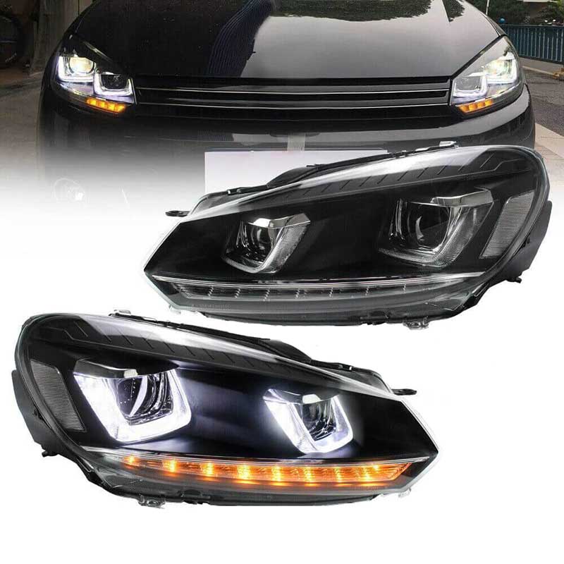 Βλησαρούλης Car Center - Μπροστινά Φανάρια Set Για Vw Golf VΙ (6) 08-12 DRL U-Type & Dynamic Φλας Μαύρα H7/H7 Με Μοτέρ VLand