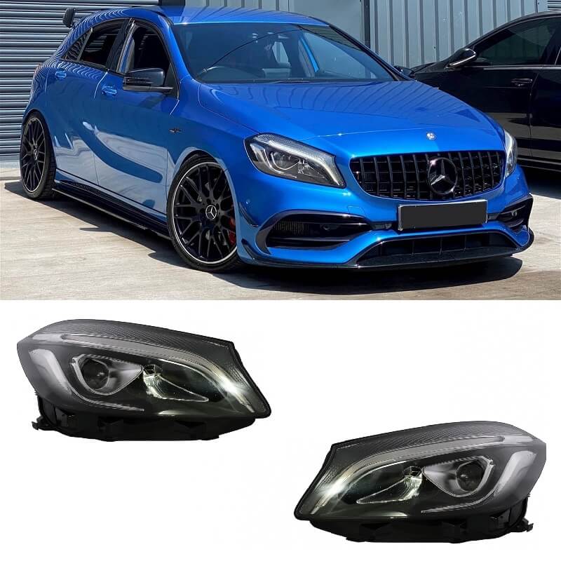 Βλησαρούλης Car Center - Μπροστινά Φανάρια Set Για Mercedes-Benz A-Class W176 12-18 Halogen Upgrade Σε Facelift Look Μαύρα Full Led DRL Με Μοτέρ Carner