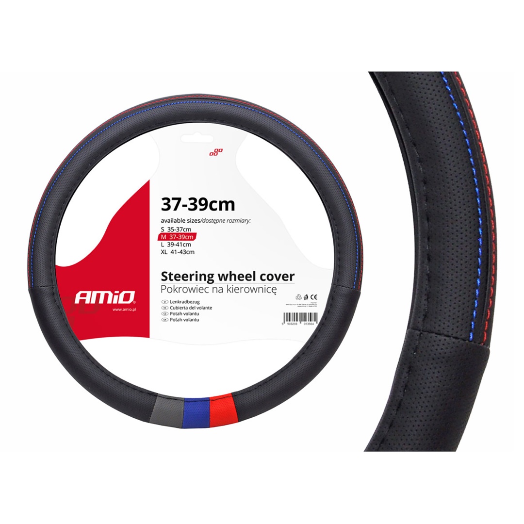Βλησαρούλης Car Center - Amio - Κάλυμμα Τιμονιού SWC-10 Μαύρο Γκρι Μπλε Κόκκινο Διάμετρος 37/39cm από Δερματίνη για Προστασία και Άνεση Τιμονιού για Επιβατικά και Επαγγελματικά Αυτοκίνητα - 1 τεμ. (01368/AM)