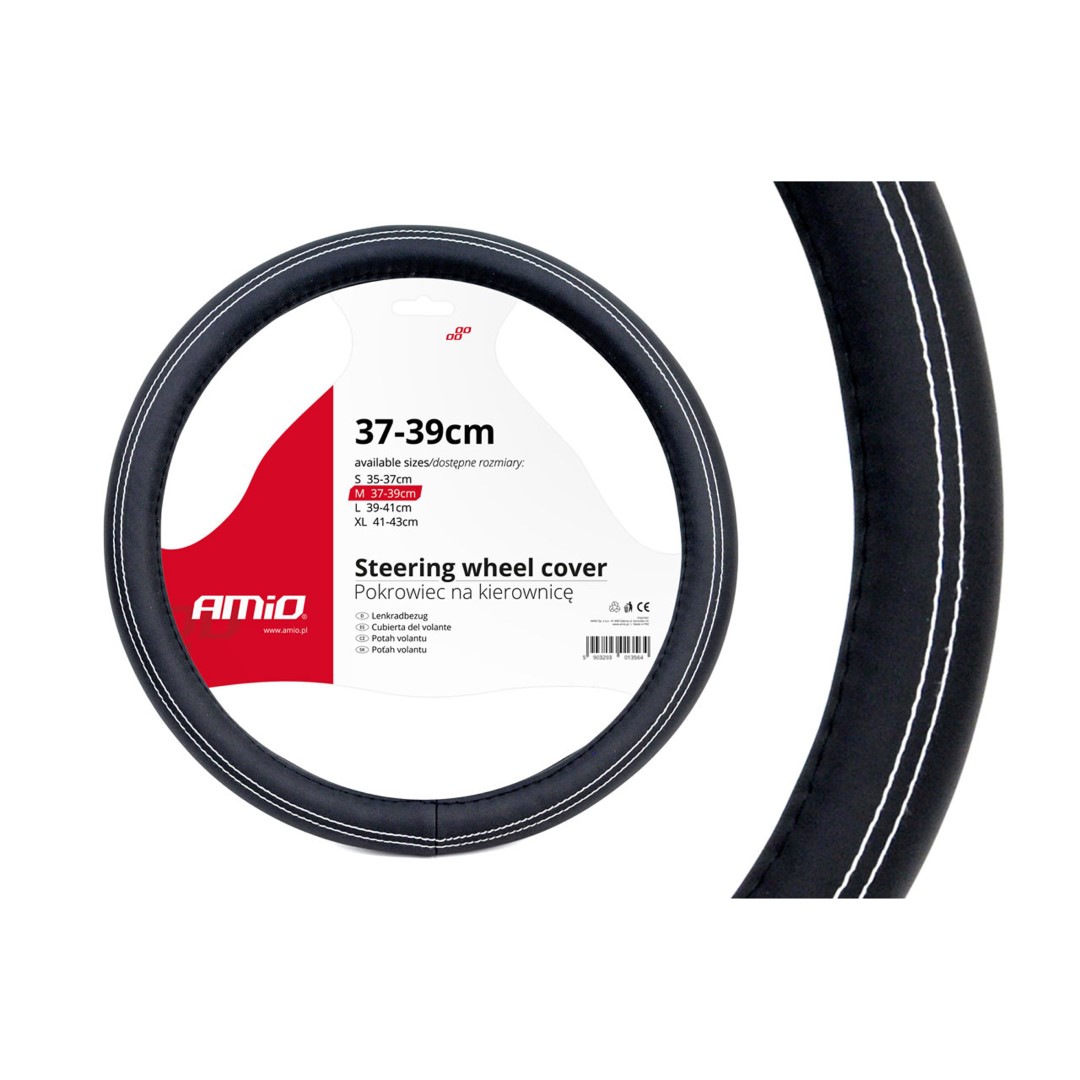 Βλησαρούλης Car Center - Amio - Κάλυμμα Τιμονιού Τύπου Swc-15-M διάσταση 37-39cm υλικό Δερματίνη χρώμα Μαύρο Με Λευκή Ραφή μέγεθος M για Επιβατικά Αυτοκίνητα - 1 τεμ. (01380/AM)