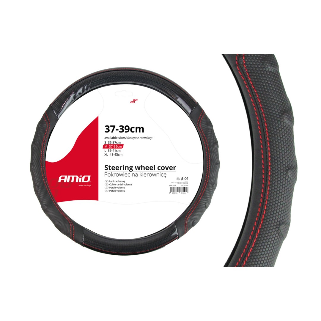 Βλησαρούλης Car Center - Amio - Κάλυμμα Τιμονιού 37-39cm SWC-21-M Μαύρο με Κόκκινη Ραφή - Σταθερό Κράτημα & Άνεση Οδήγησης - 1 Τεμ (01698/AM)