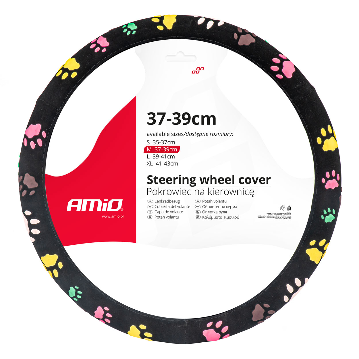 Βλησαρούλης Car Center - Amio - ΚΑΛΥΜΜΑ ΤΙΜΟΝΙΟΥ SWC-46 (M) 37-39cm ΜΑΥΡΟ ΜΕ ΣΧΕΔΙΟ ΠΟΛΥΧΡΩΜΕΣ ΠΑΤΟΥΣΕΣ ΣΚΥΛΟΥ - 1 ΤΕΜ. (02986/AM)