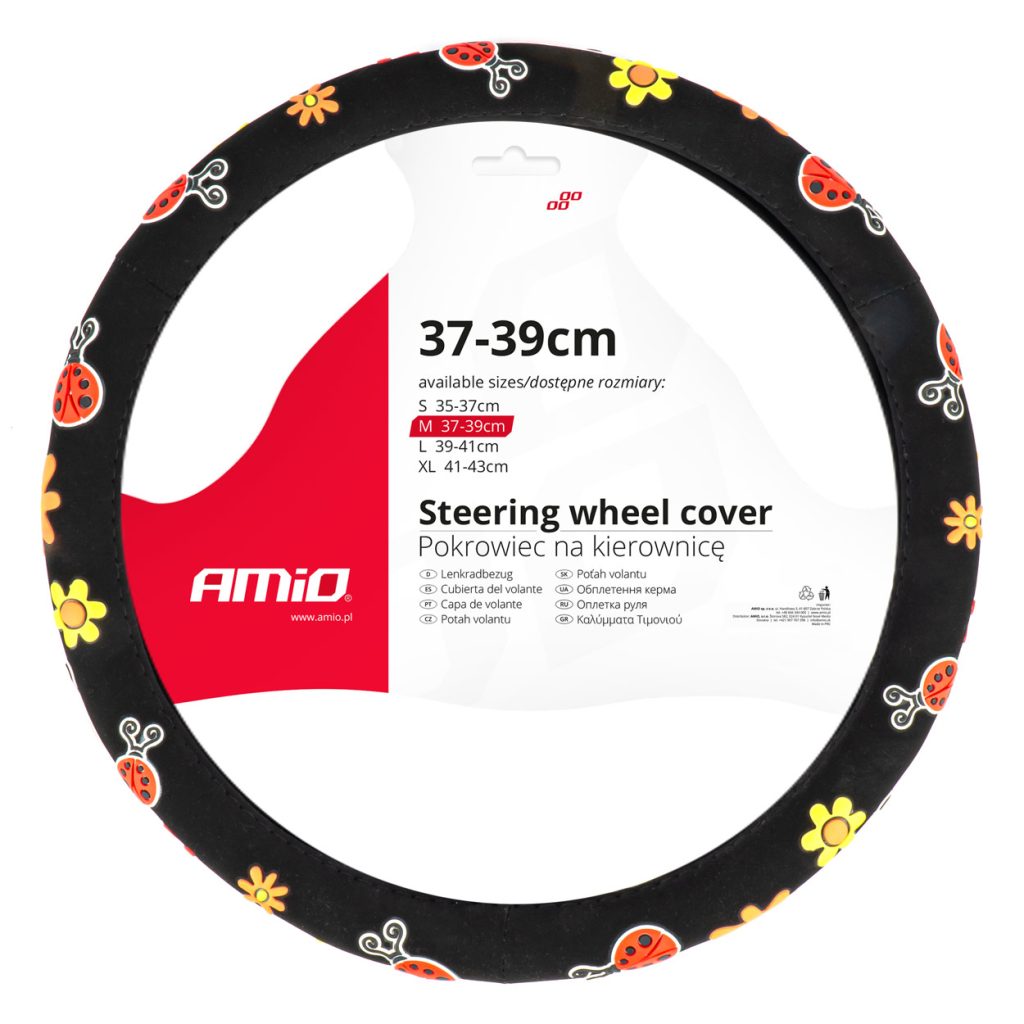 Βλησαρούλης Car Center - Amio - ΚΑΛΥΜΜΑ ΤΙΜΟΝΙΟΥ SWC-58 (M) 37>39cm ΜΑΥΡΟ ΜΕ ΣΧΕΔΙΟ ΠΟΛΥΧΡΩΑ ΛΟΥΛΟΥΔΙΑ & ΠΑΣΧΑΛΙΤΣΕΣ - 1 ΤΕΜ. (04168/AM)
