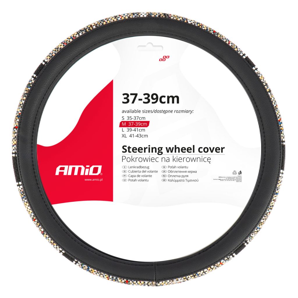 Βλησαρούλης Car Center - Amio - ΚΑΛΥΜΜΑ ΤΙΜΟΝΙΟΥ SWC-59 (M) 37>39cm ΜΑΥΡΟ ΜΕ ΣΧΕΔΙΟ ΠΟΛΥΧΡΩΜΗ ΨΑΘΑ - 1 ΤΕΜ. (04169/AM)