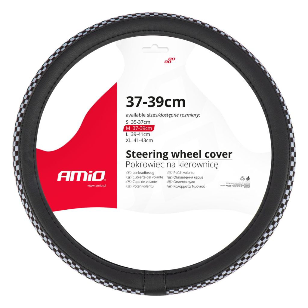Βλησαρούλης Car Center - Amio - ΚΑΛΥΜΜΑ ΤΙΜΟΝΙΟΥ SWC-60 (M) 37>39cm ΜΑΥΡΟ ΜΕ ΣΧΕΔΙΟ ΑΣΠΡΟΜΑΥΡΗ ΣΚΑΚΙΕΡΑ - 1 ΤΕΜ. (04170/AM)